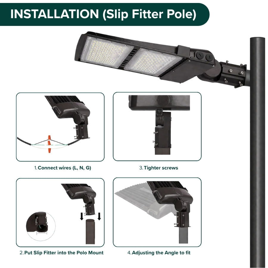Step-by-step installation of LED parking lot light using slip fitter pole mount