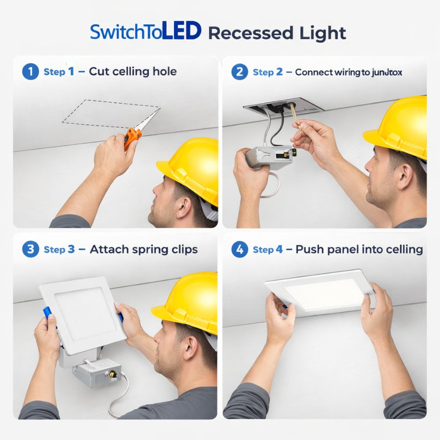 Step-by-step guide on installing a recessed LED light fixture with a person wearing a yellow hard hat.