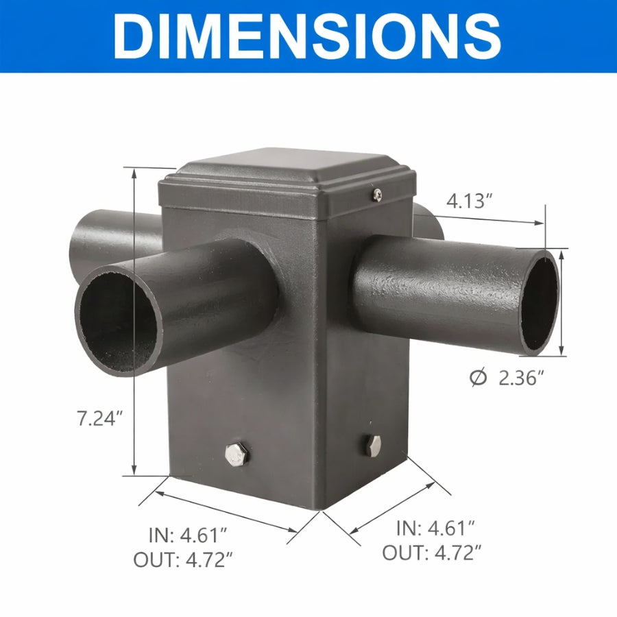 Black metal duct connector with dimensions labeled on a white background