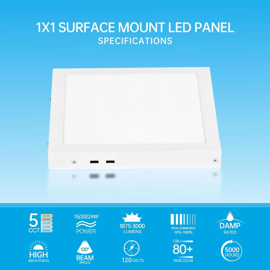 1x1 FT LED flat panel light, 15W/20W/24W, white, 5CCT selectable, triac dimmable, flush mount, 2-pack for kitchen, office, home.