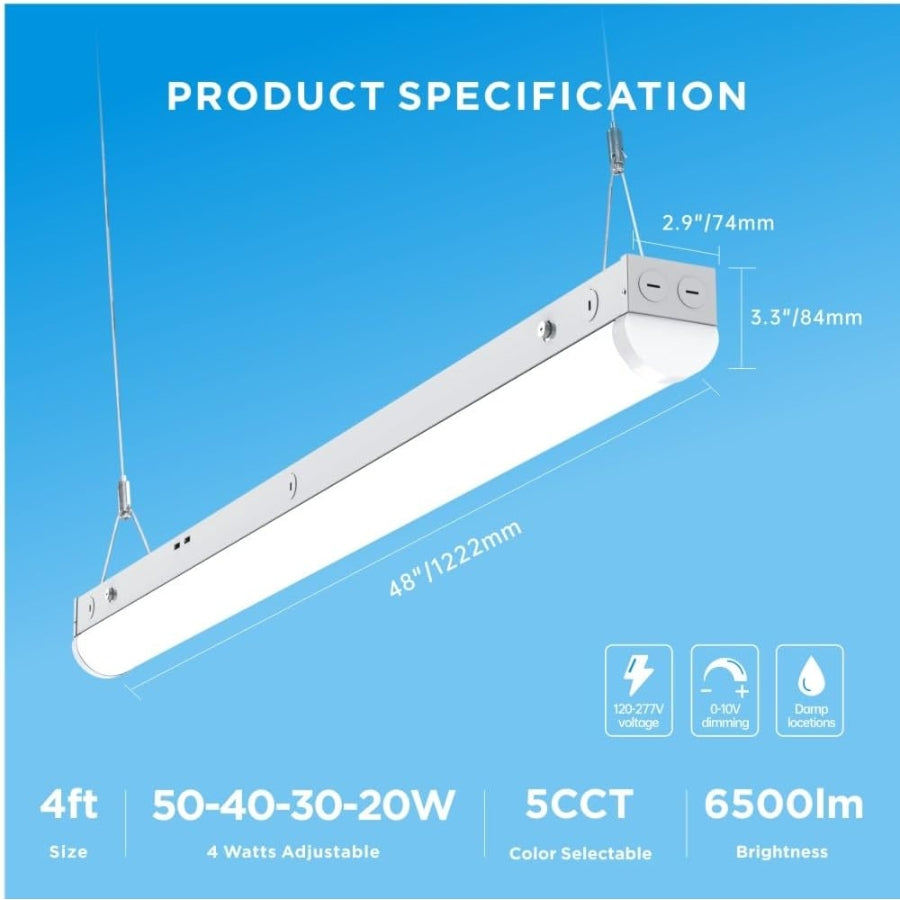 LED linear light fixture with specifications on a blue background