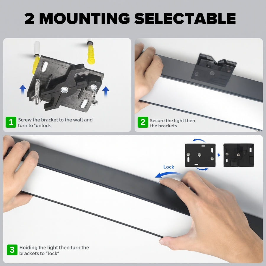 Instructions for mounting a light fixture with hands demonstrating the process.