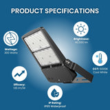 SwitchToLED 300W LED Area Flood Light specifications, 40,500 lumens brightness, 5000K cool white, 135 lm/W efficacy, IP65 waterproof rating, 0-10V dimmable