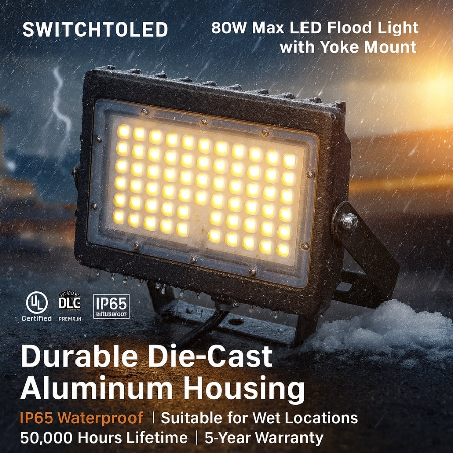 SwitchToLED LED Flood Light IP65 waterproof, UL listed, DLC Premium certified, durable die-cast aluminum housing for wet locations