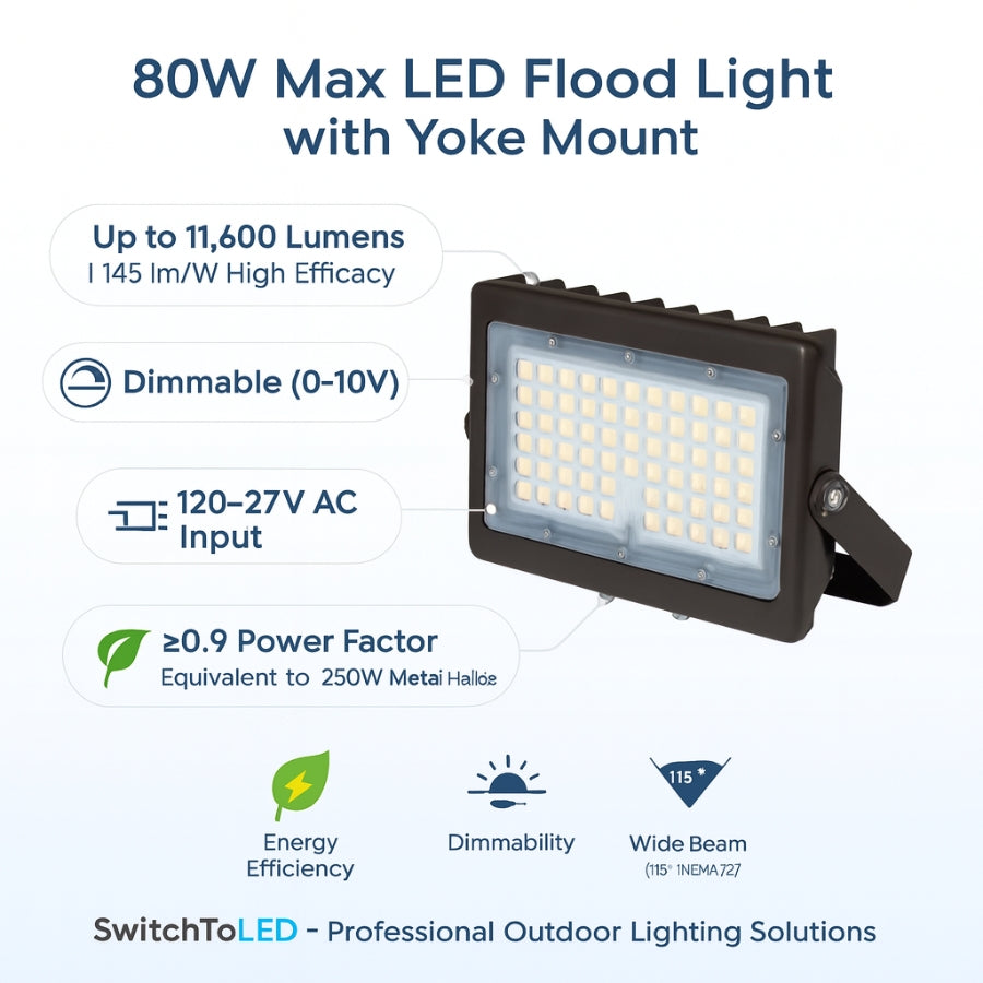 SwitchToLED 50W Max LED Flood Light selectable 30W 40W 50W, 3CCT 3000K 4000K 5000K, 0-10V dimmable, 120-277V input, wide beam commercial lighting