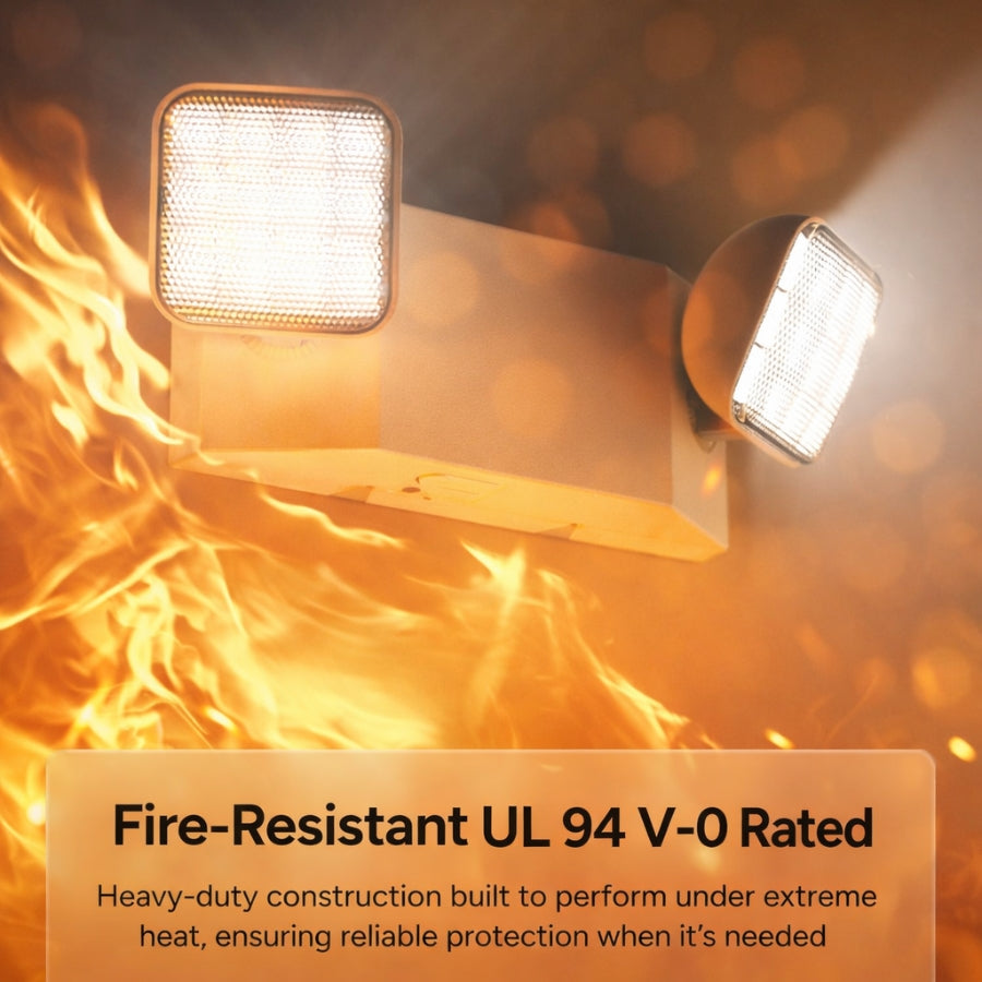 Fire-resistant UL 94 V-0 rated LED emergency light with dual heads for commercial safety by SwitchToLed.com