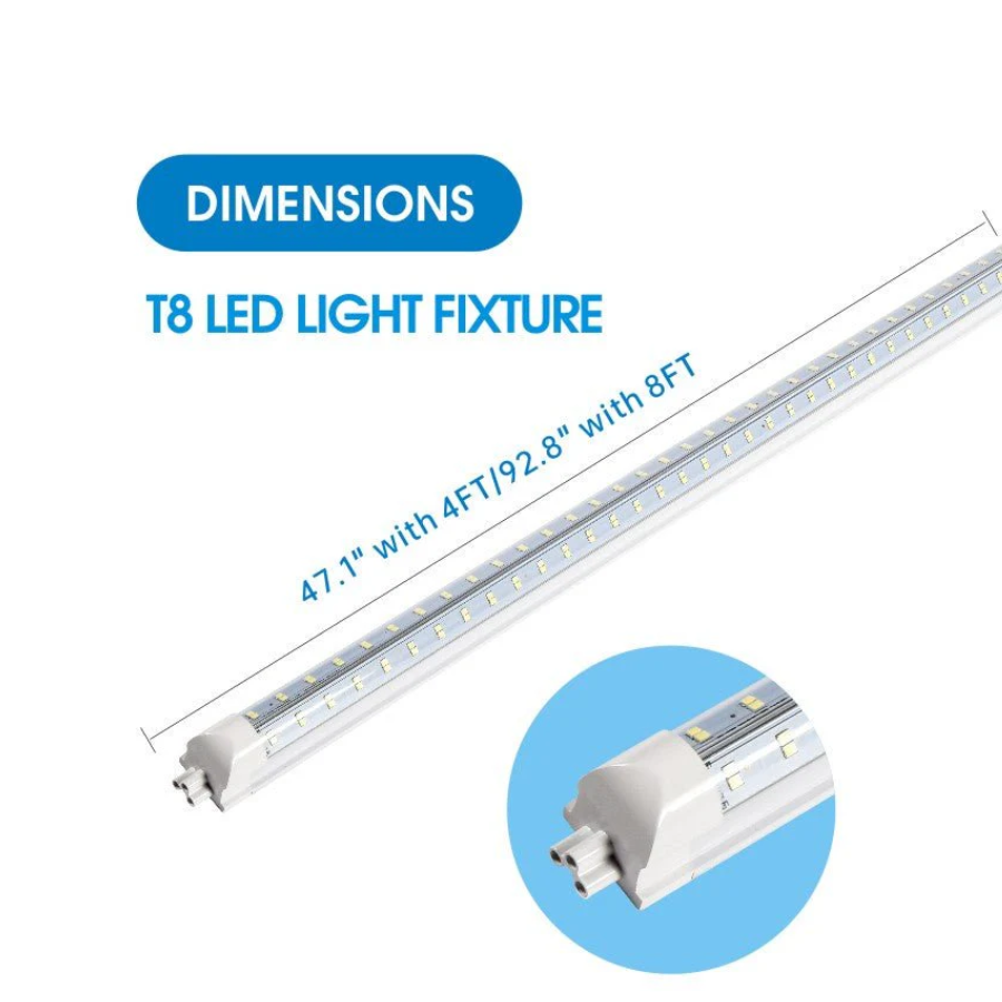 SwitchToLED T8 LED light fixture dimensions showing 4ft and 8ft length options with end connector detail