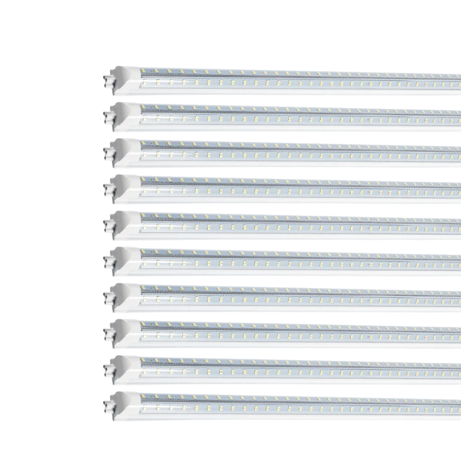 SwitchToLED T8 LED light fixtures arranged in parallel, showcasing slim linear design and integrated LEDs