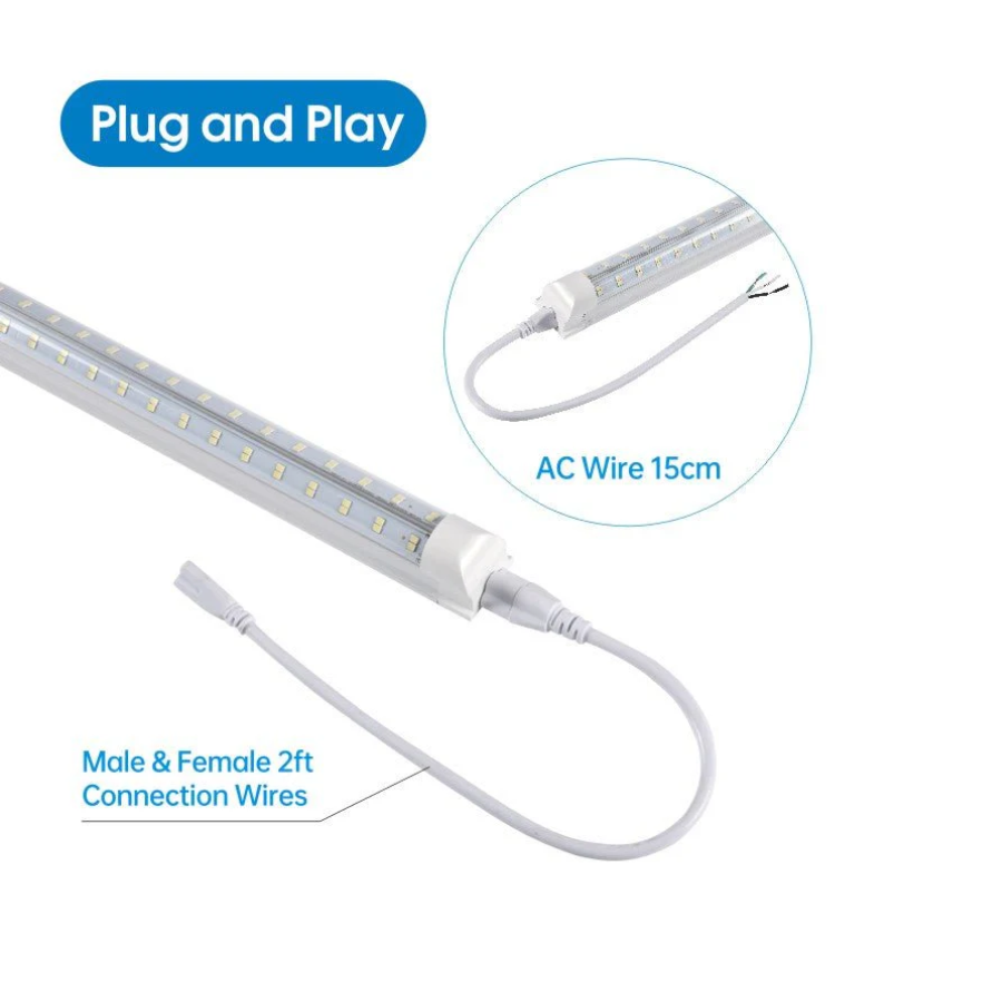 SwitchToLED T8 LED light with plug and play design, featuring AC power wire and male and female connector cables