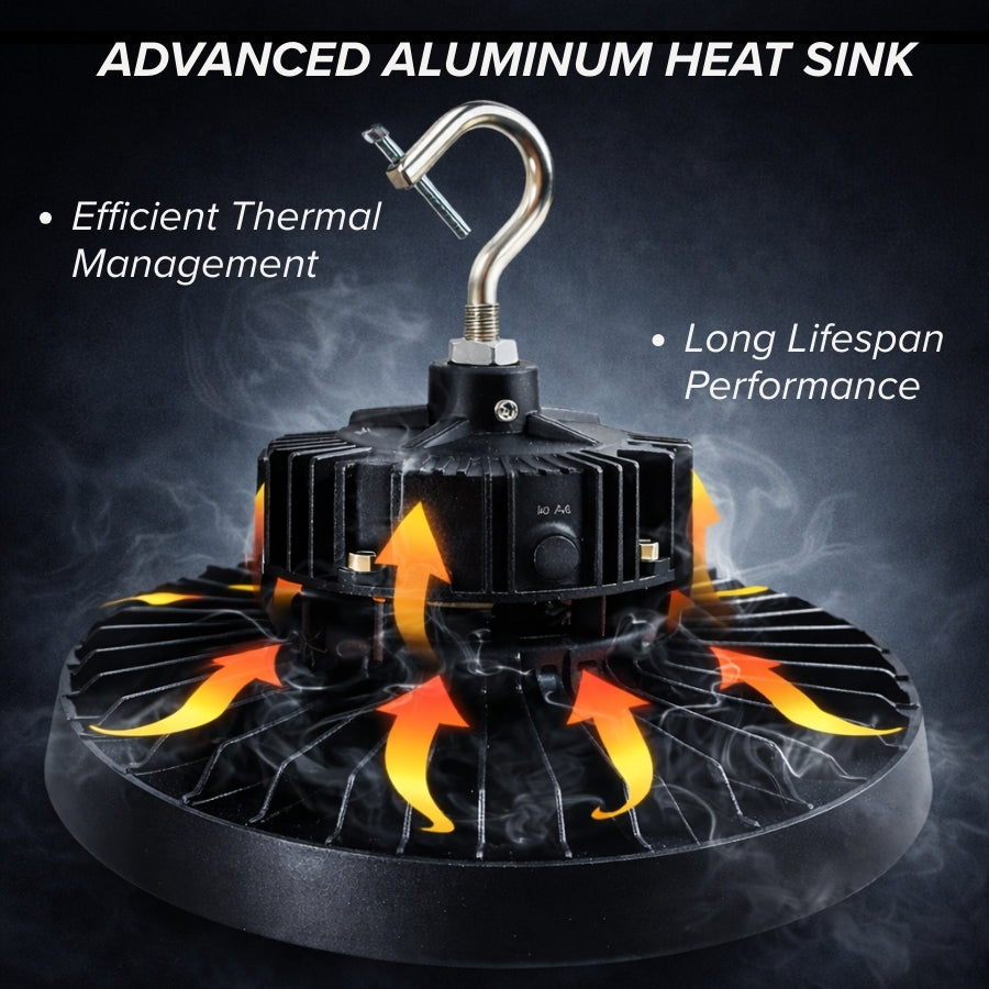 150 watt led high bay ufo lights lumens​with Advanced aluminum heat sink with thermal management features on a dark background