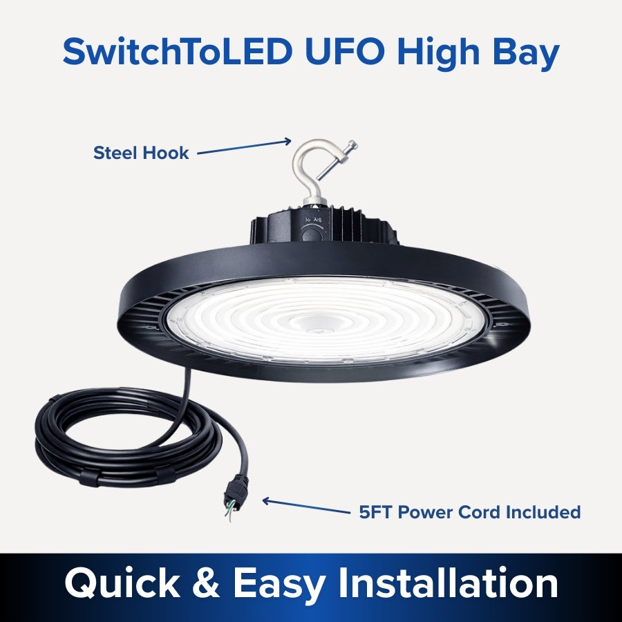 SwitchToLED UFO High Bay light fixture with steel hook and 5FT power cord on a white background