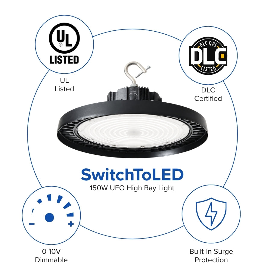 150W UFO High Bay Light with UL and DLC Listed certifications on a white background