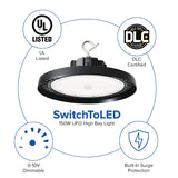 150W UFO High Bay Light with UL and DLC Listed certifications on a white background