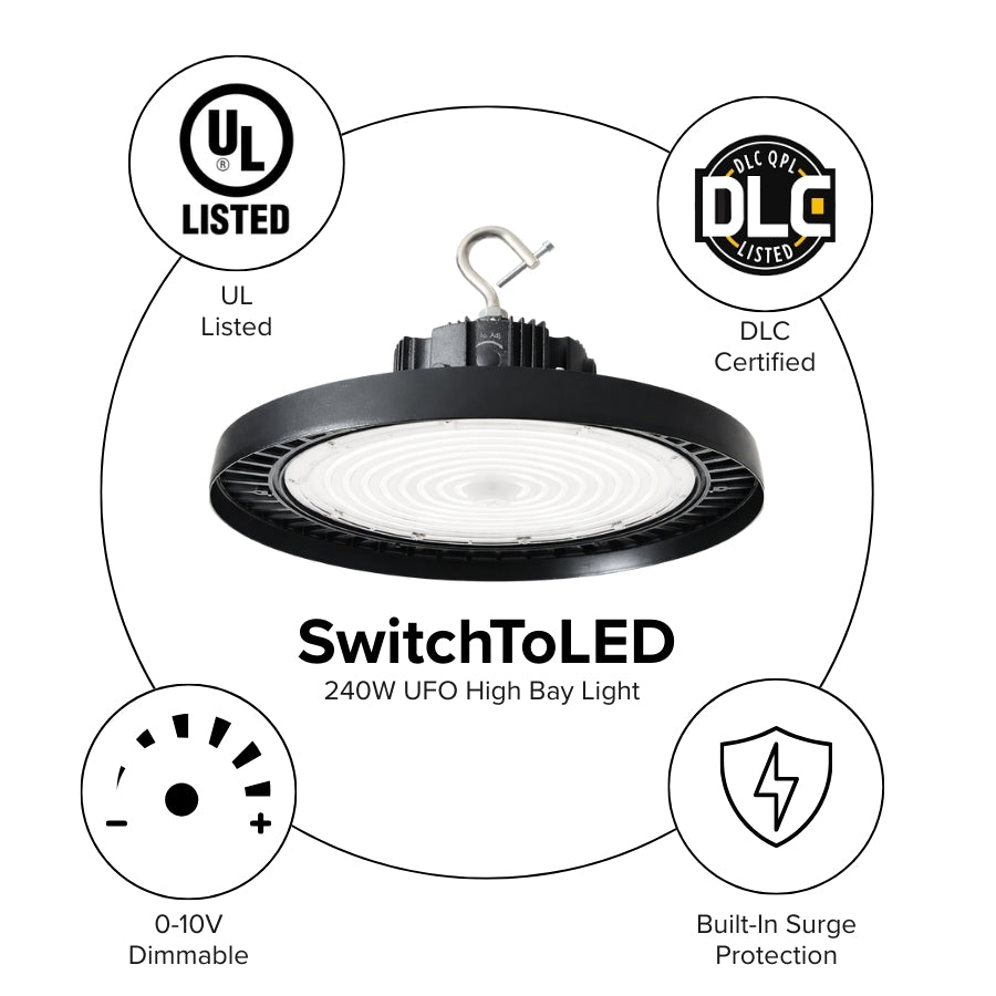 240W UFO High Bay Light with UL and DLC Listed certifications on a white background