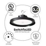 240W UFO High Bay Light with UL and DLC Listed certifications on a white background