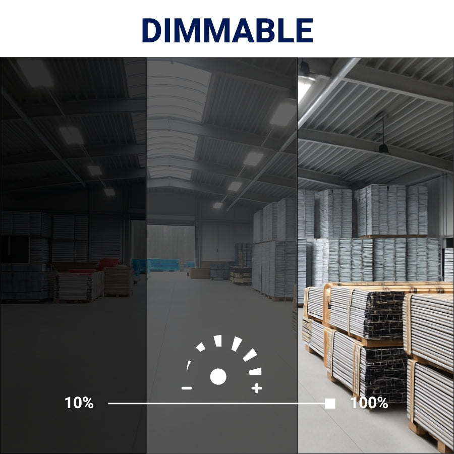 Comparison of a dimly lit warehouse with a well-lit warehouse labeled 'Dimmable'.
