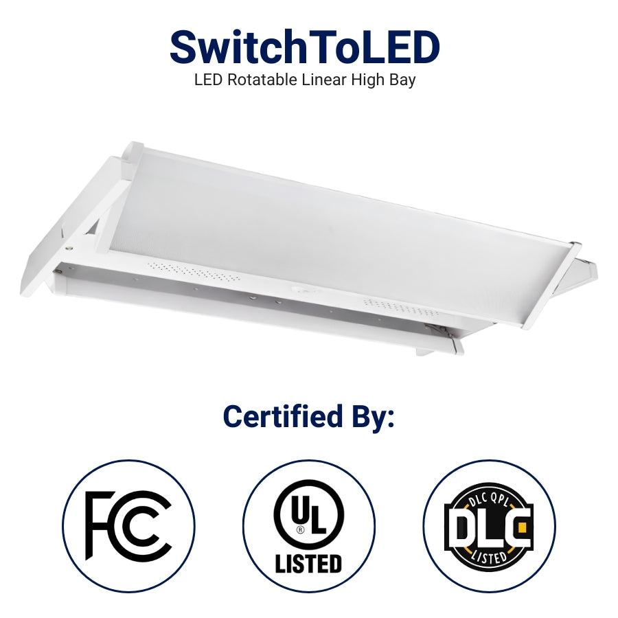 LED rotatable linear high bay light with certification logos on a white background