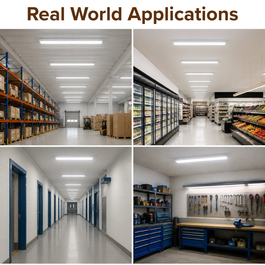 Collage of warehouse, grocery store, hallway, and workshop environments with industrial lighting.