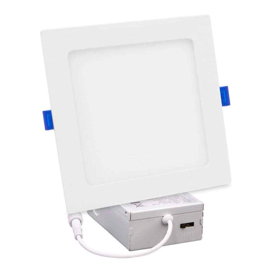 Square recessed ceiling light with electrical components on a white background