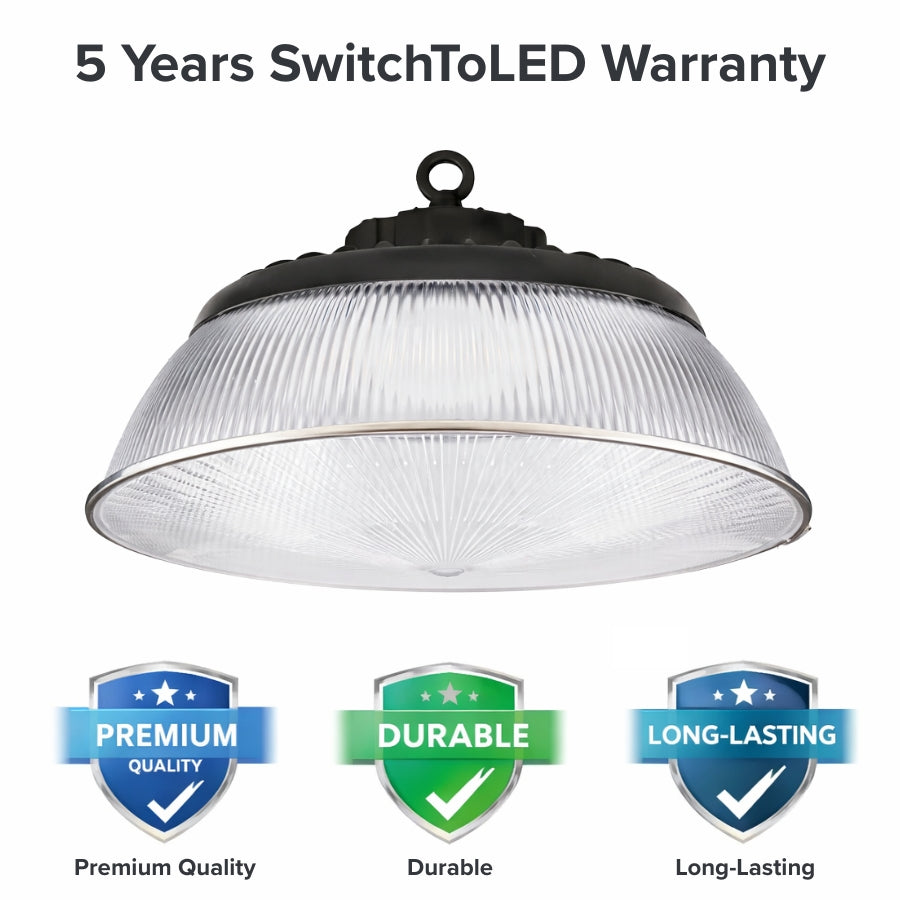 Acrylic Reflector for UFO High Bay with 5-year warranty and quality assurance badges on a white background