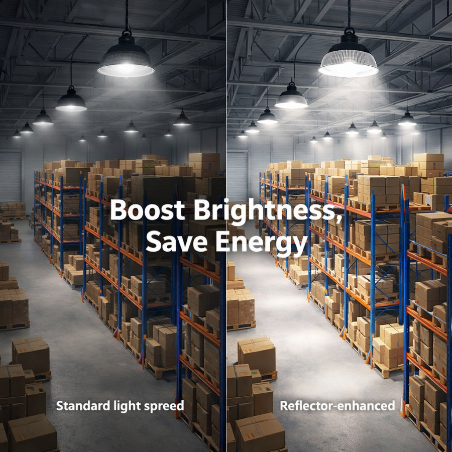 Comparison of warehouse lighting with 'Boost Brightness, Save Energy' text overlay.
