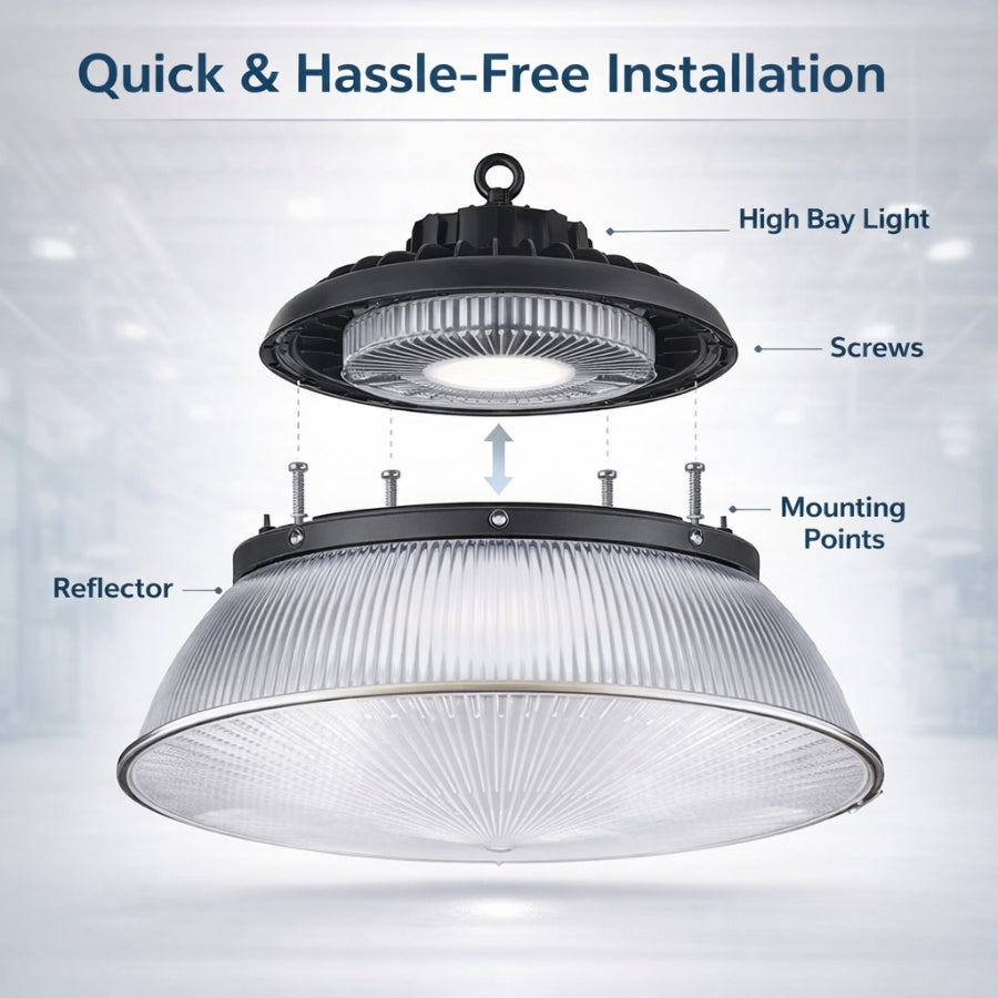 acrylic high bay reflector with labeled parts on a gray background