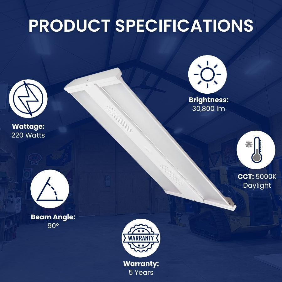 LED light fixture with specifications on a blue background