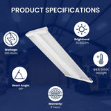 LED light fixture with specifications on a blue background