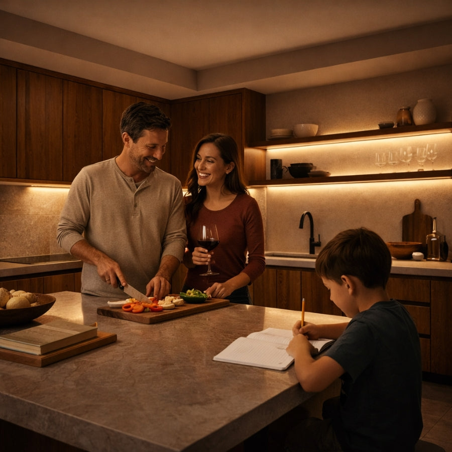 Family in a kitchen with a man cutting food, a woman holding a glass of wine, and a child writing at the counter.