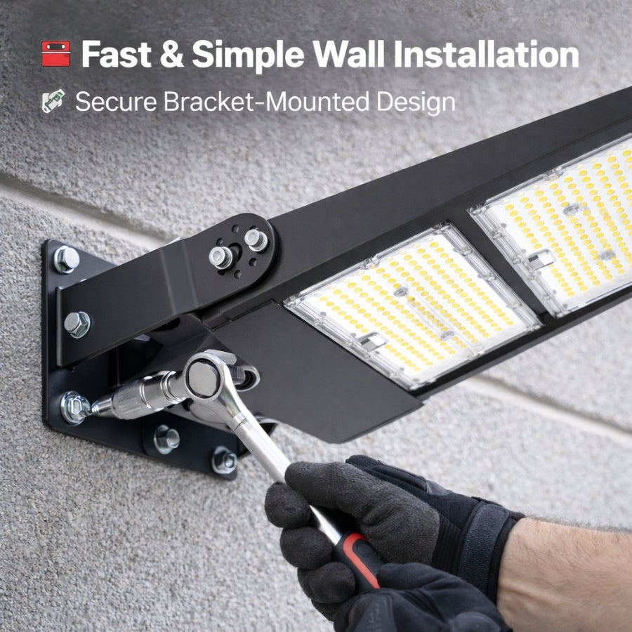 commercial grade led flood lights​ with bracket being installed on a wall, featuring text about fast installation.