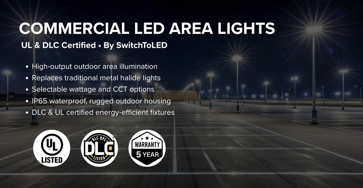 Commercial LED area lights in an outdoor setting with certification logos displayed.