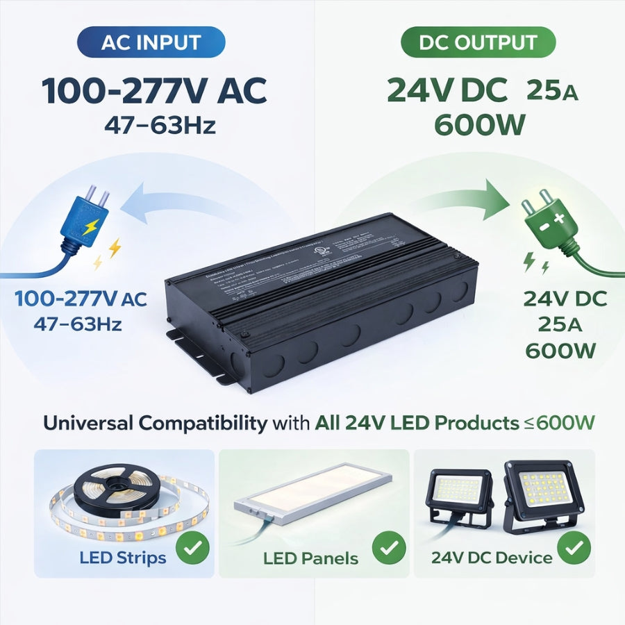 600W 24V LED Driver Dimmable 25A IP66 UL Listed – SwitchtoLED