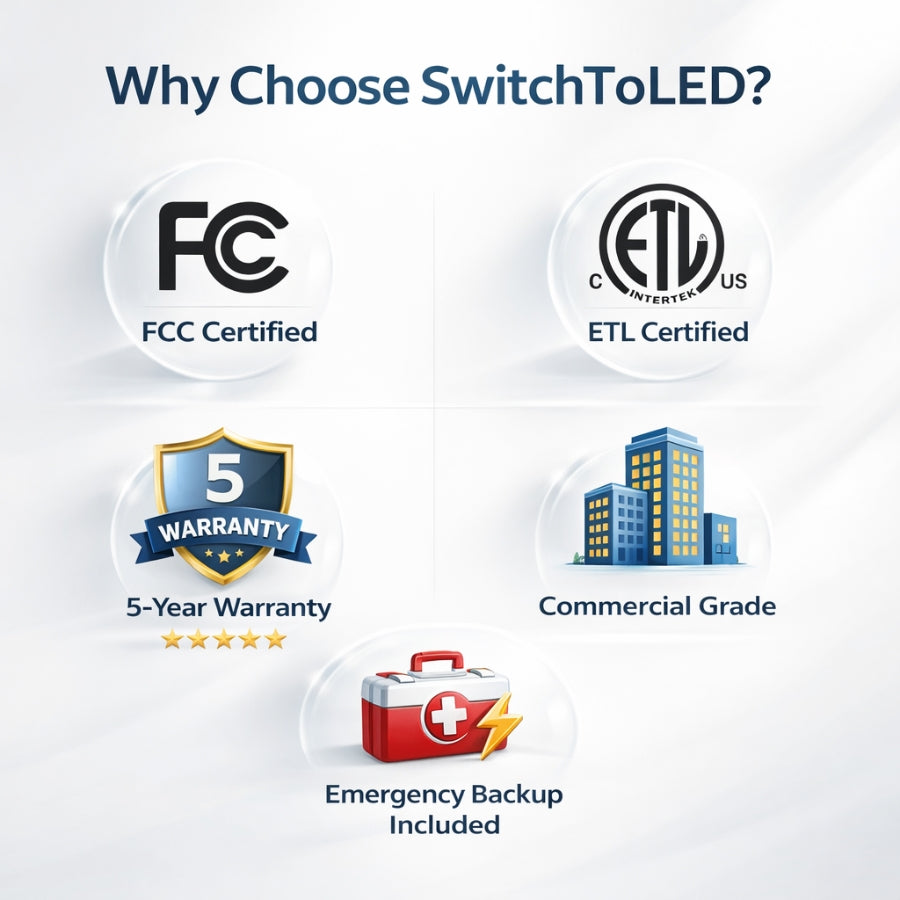  SwitchToLED highlighting certifications, warranty, and features on a light gray background.
