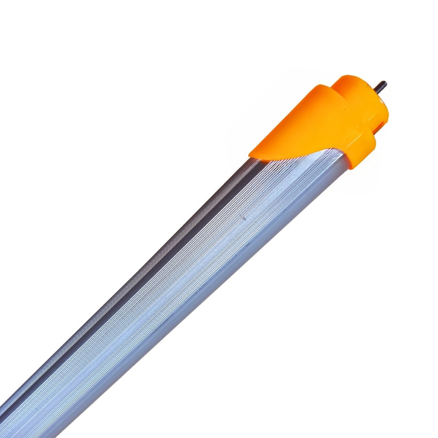 LED tube light with orange end cap on a white background