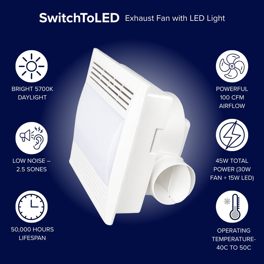 SwitchToLED exhaust fan with LED light on a dark blue background