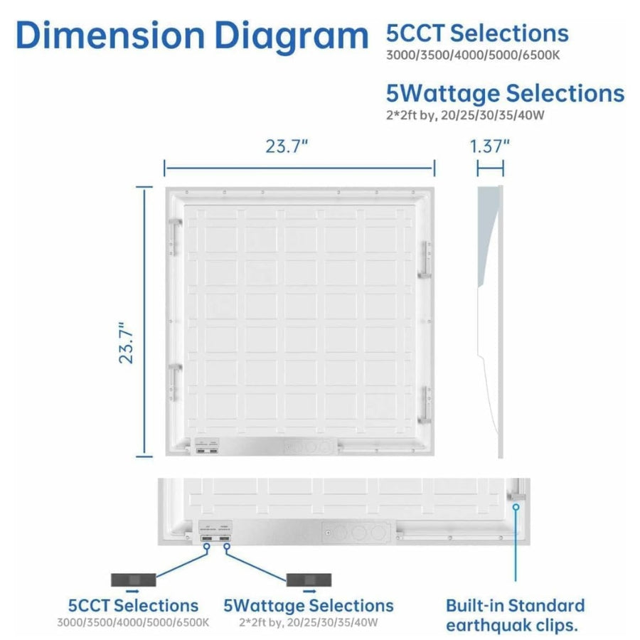 Dimension diagram of a light fixture with measurements and wattage options on a white background.