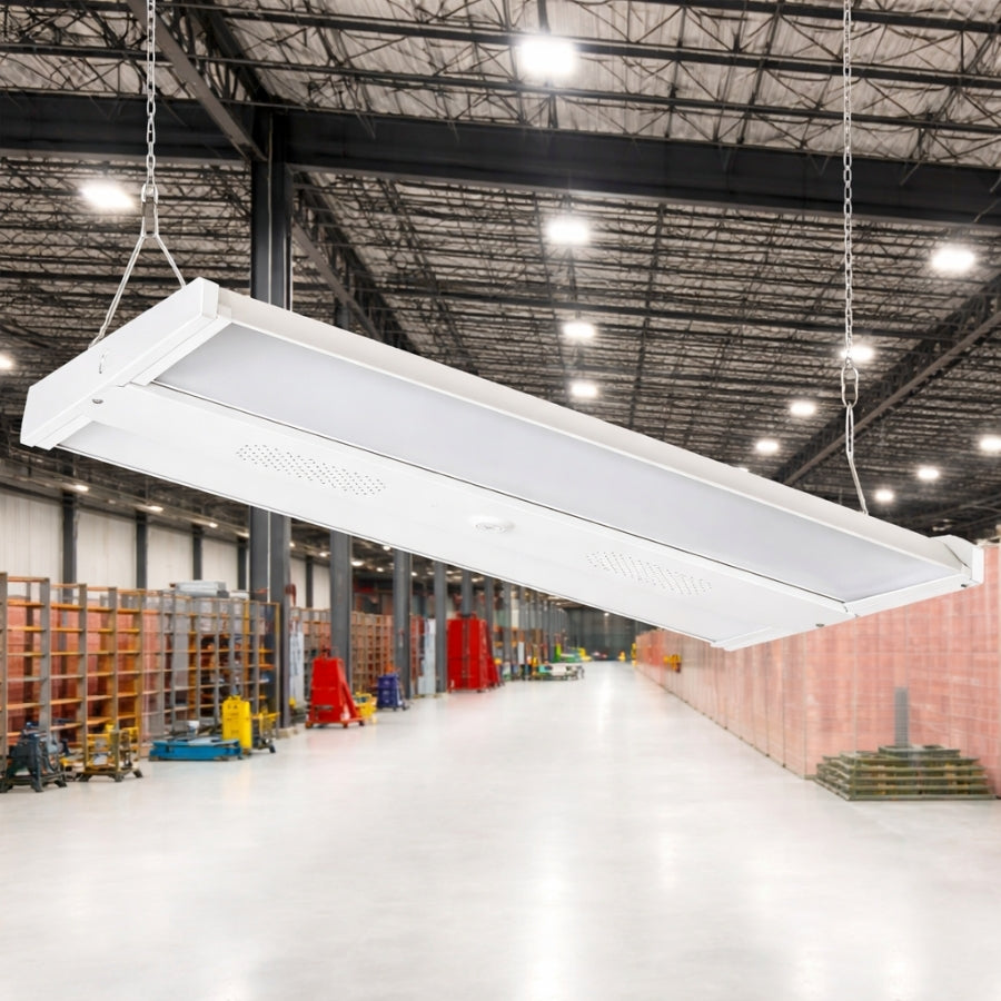 Large industrial ceiling light fixture in a warehouse setting