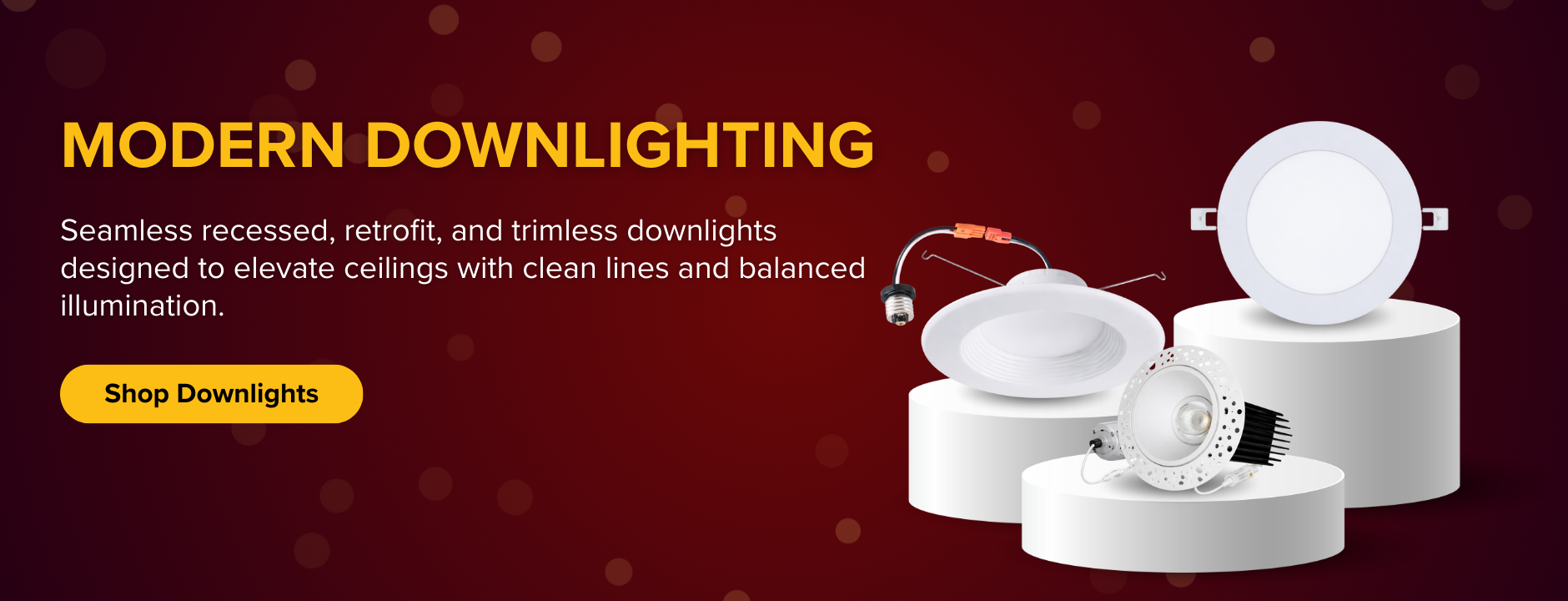 Advertisement for modern downlighting fixtures with text and product display on a dark red background.