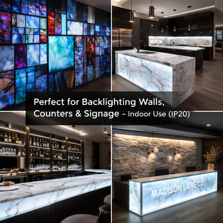 Collage of illuminated kitchen island, bar, and wall panels with text on indoor use.