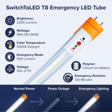 SwitchToLED T8 Emergency LED Tube with specifications and functionality diagram on a blue and white background