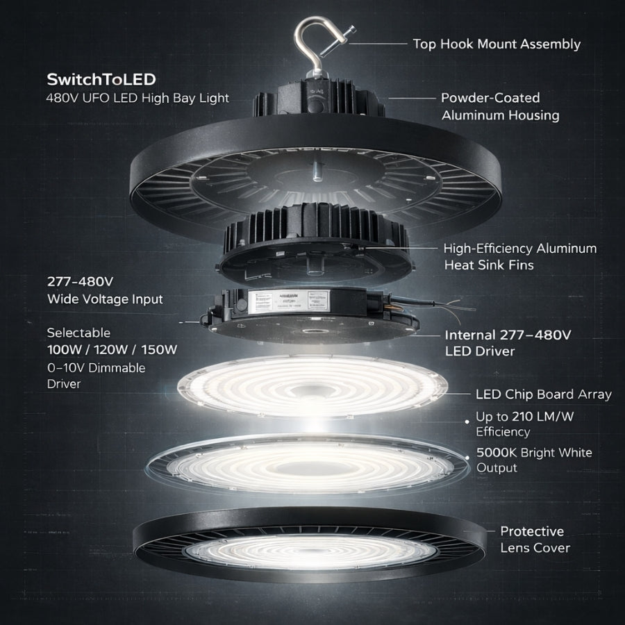 SwitchToLED 480V UFO LED High Bay Light with labeled components on a dark background