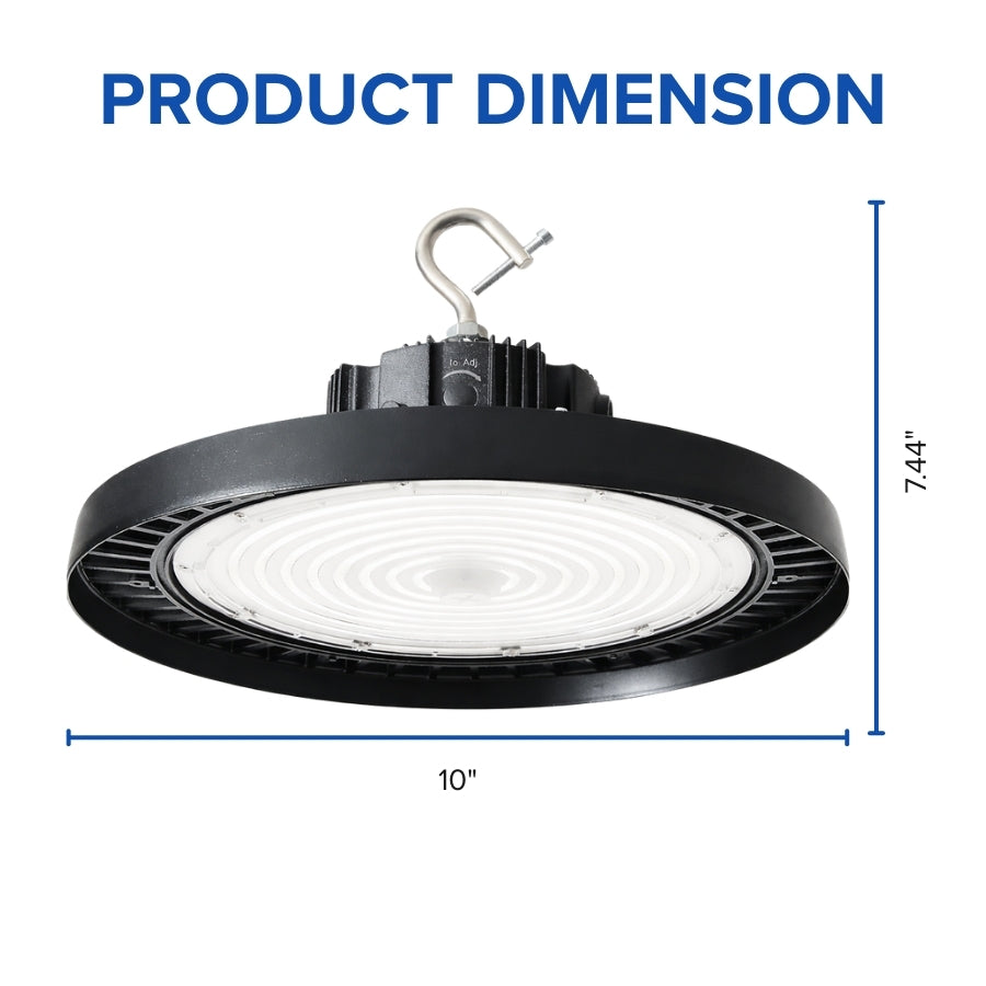 High-bay light fixture with dimensions labeled on a white background