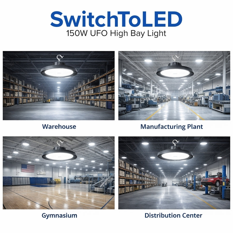 SwitchToLED 150W UFO High Bay Light showing its use in warehouse, manufacturing plant, gymnasium, and distribution center.
