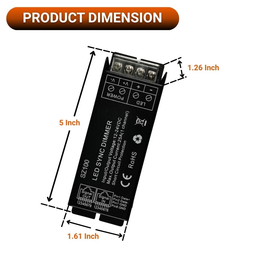 switchtoled sz100 led sync dimmer length 5 inch, width 1.61 inch 