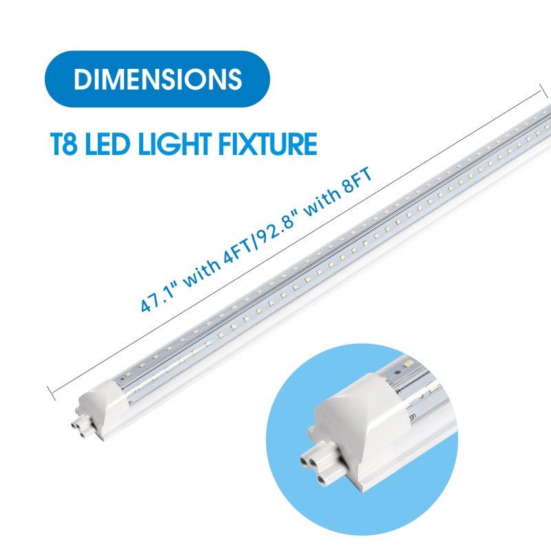 T8 LED light fixture with dimensions on a white background