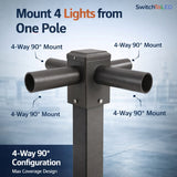 Lighting pole mount system with four light mounts on a blue gradient background