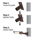 Step-by-step diagram showing how to mount a light fixture on a pole.