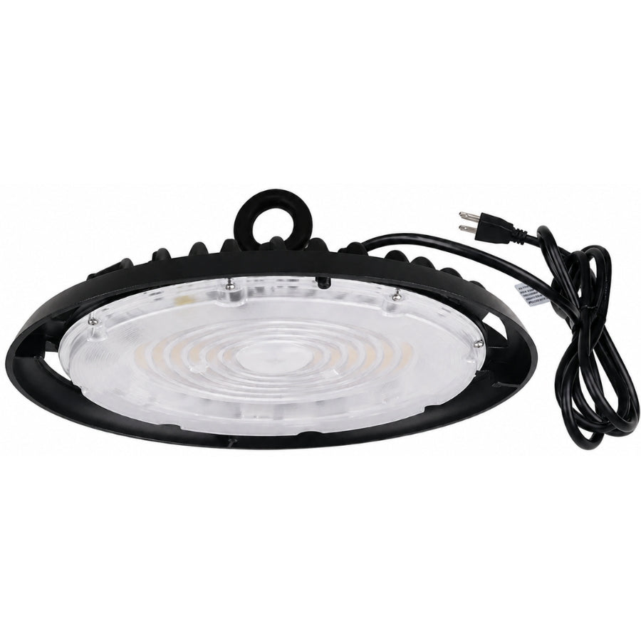 Single UFO LED high bay light with plug and cord, adjustable 150W/120W/100W settings, ideal for warehouse ceiling lighting.