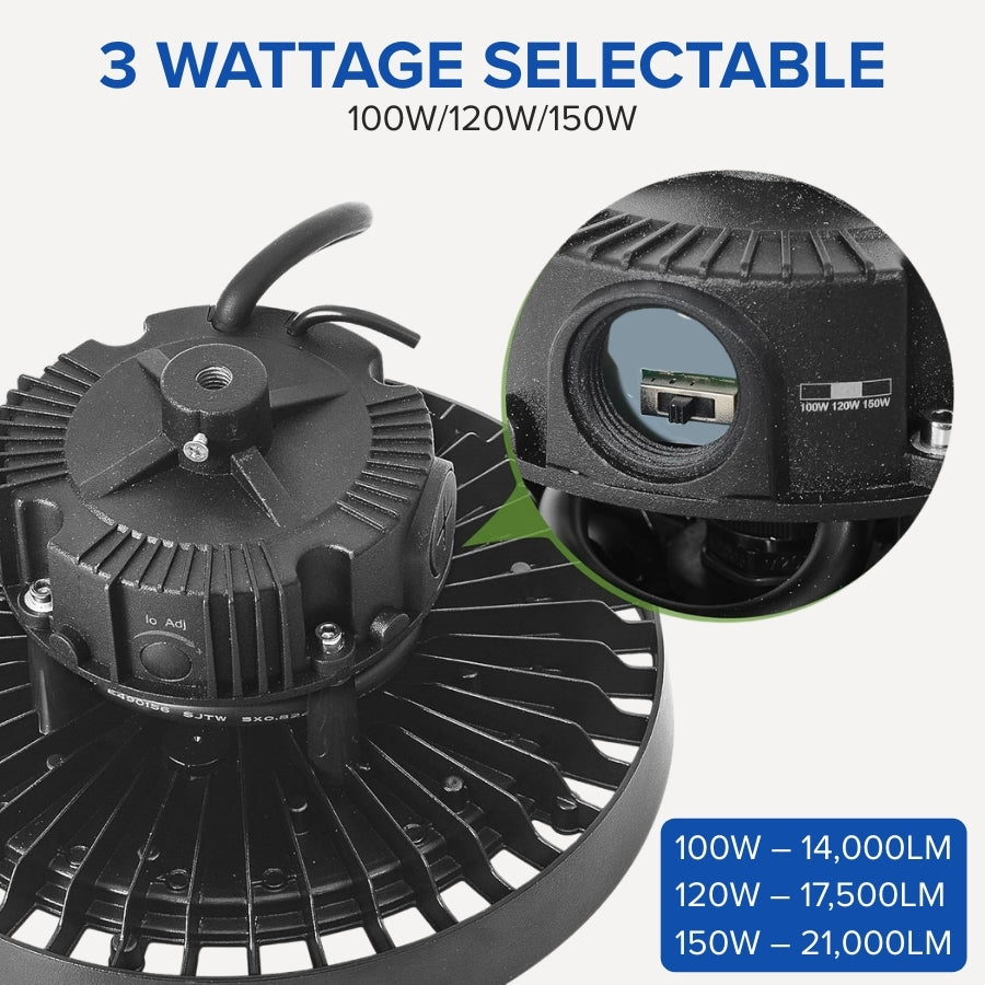 Black LED light bulb with wattage options and specifications on a white background