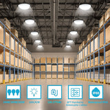 Warehouse interior with LED lighting fixtures and product information icons.